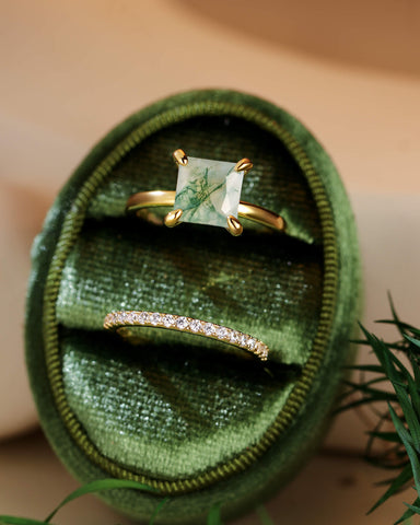 AADHYA Princess Cut Natural Moss Agate Solitaire Wedding Bridal Ring