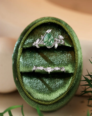 EVELYN Moss Agate Pear Cut Vine Engagement Ring Set