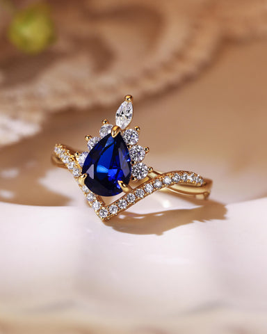 ISABELLA Halo Pear Cut Sapphire Twisted Engagement Ring