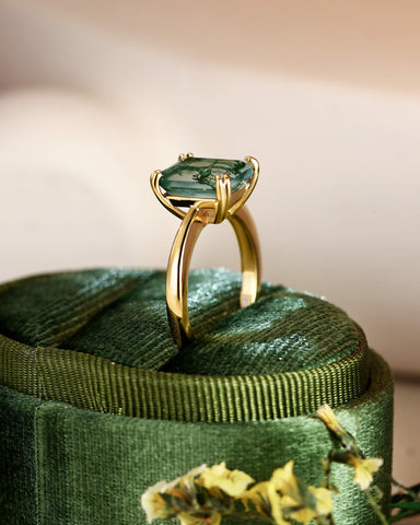 HARPER Double Prongs Emerald Cut Natural Moss Agate Engagement Ring