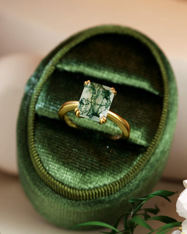 HARPER Double Prongs Emerald Cut Natural Moss Agate Engagement Ring