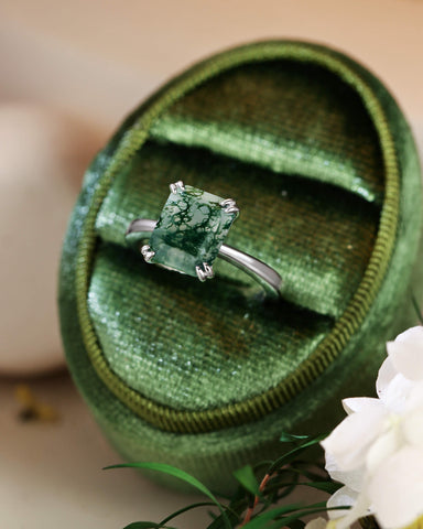 HARPER Double Prongs Emerald Cut Natural Moss Agate Engagement Ring