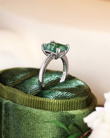HARPER Double Prongs Emerald Cut Natural Moss Agate Engagement Ring