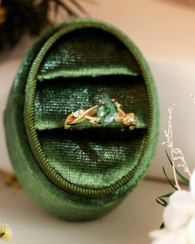 MABEL Pear Cut Moss Agate Leaf Nature Inspired Engagement Ring