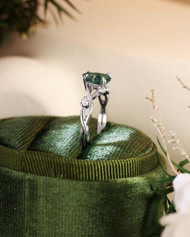 MABEL Pear Cut Moss Agate Leaf Nature Inspired Engagement Ring