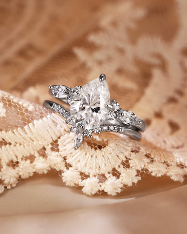 ORLENA Vintage Pear Cut Moissanite Cluster Bridal Set 2pcs