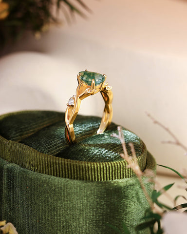 MABEL Pear Cut Moss Agate Leaf Nature Inspired Engagement Ring