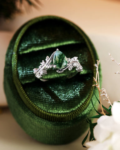 AVERY Pear Cut Moss Agate Leafy Engagement Ring