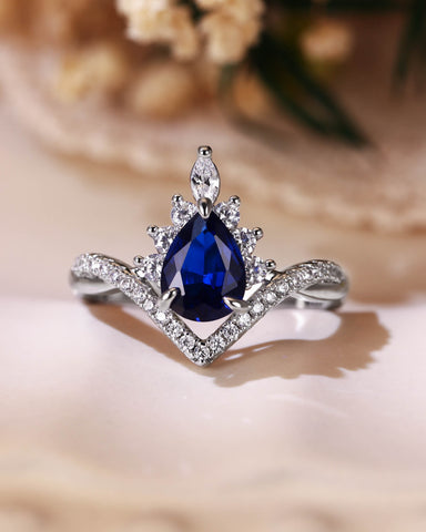 ISABELLA Halo Pear Cut Sapphire Twisted Engagement Ring