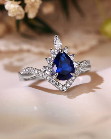 ISABELLA Halo Pear Cut Sapphire Twisted Engagement Ring