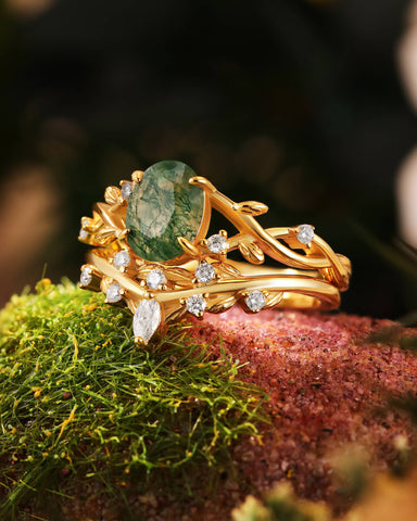 FORESTINA Nature Inspired Oval Cut Leafy Moss Agate Ring Set 2pcs