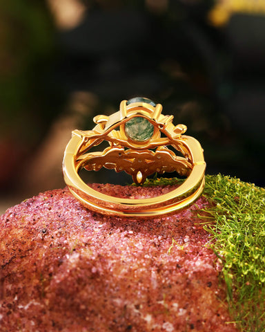 FORESTINA Nature Inspired Oval Cut Leafy Moss Agate Ring Set 2pcs