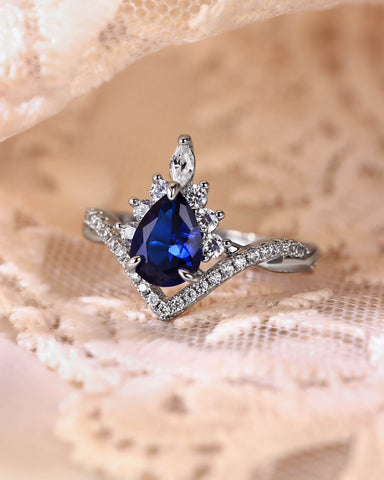 ISABELLA Halo Pear Cut Sapphire Twisted Engagement Ring