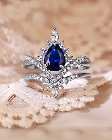 ISABELLA Fine Pear Cut Sapphire Engagement Ring Set 2pcs