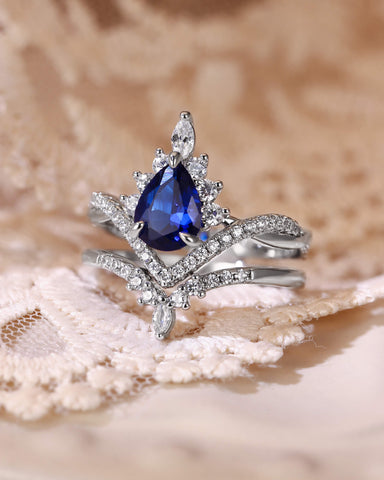 ISABELLA Fine Pear Cut Sapphire Engagement Ring Set 2pcs