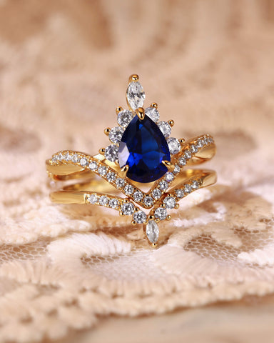 ISABELLA Fine Pear Cut Sapphire Engagement Ring Set 2pcs