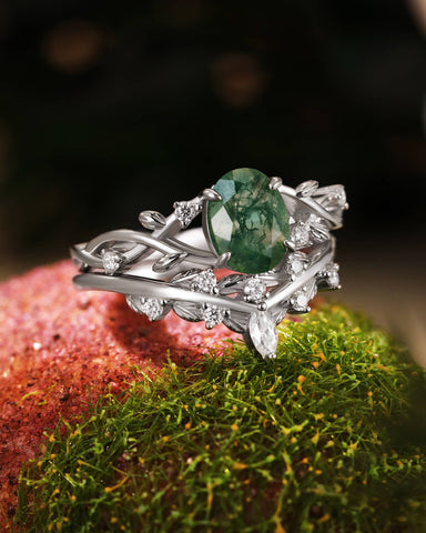 FORESTINA Nature Inspired Oval Cut Leafy Moss Agate Ring Set 2pcs