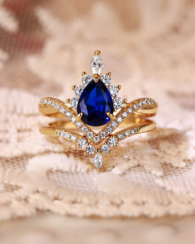 ISABELLA Fine Pear Cut Sapphire Engagement Ring Set 2pcs