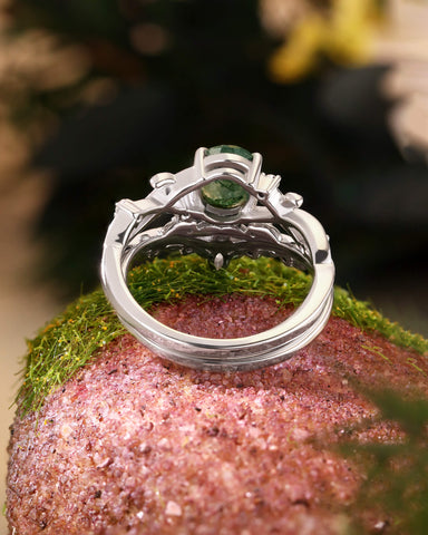 FORESTINA Nature Inspired Oval Cut Leafy Moss Agate Ring Set 2pcs