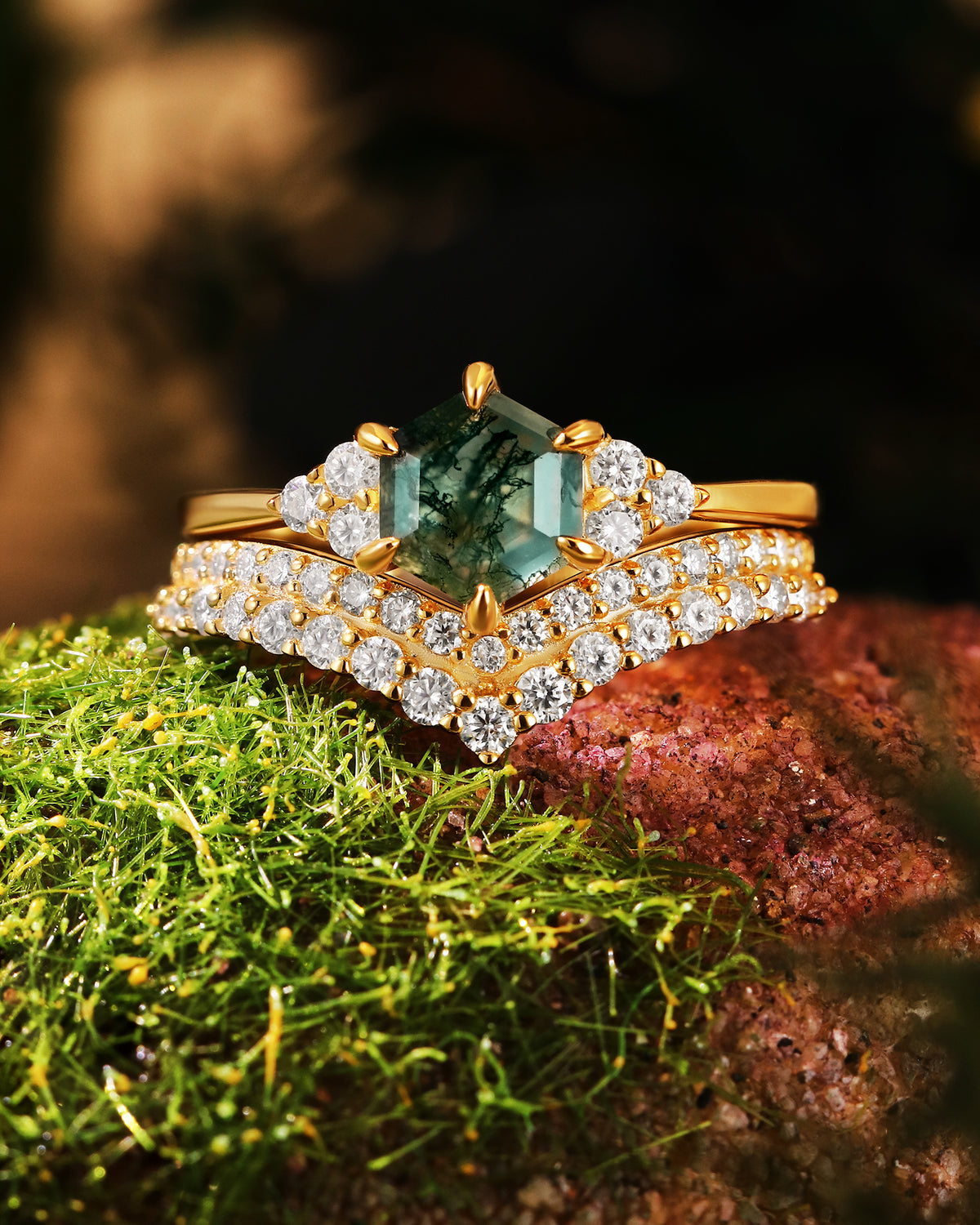 FINIS Vintage Hexagon Cut Moss Agate Engagement Ring Set