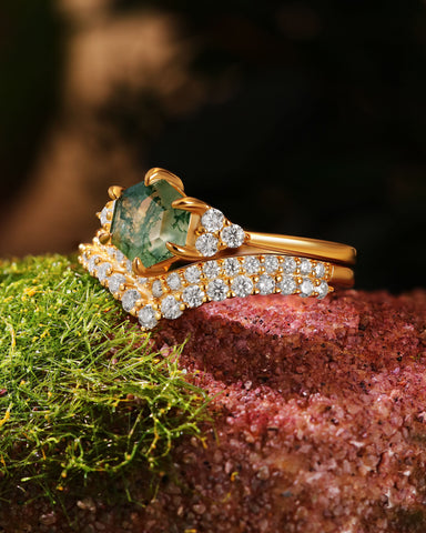 FINIS Vintage Hexagon Cut Moss Agate Engagement Ring Set
