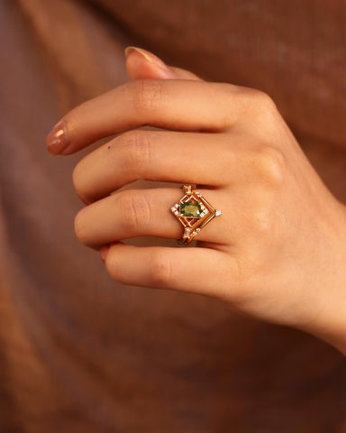 GLINDA Vintage Art Deco Geometry Moss Agate Bridal Ring Set