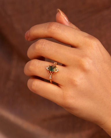 VERDELIA Modern Vintage Art Deco Emerald Moss Agate Engagement Ring