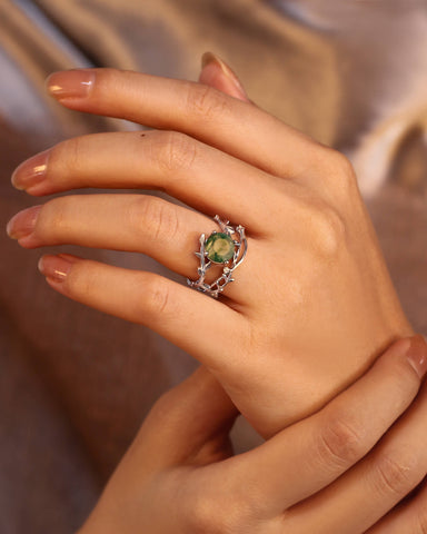 VERANTHE Nature Inspired Leaf Moss Agate Wedding Ring Set