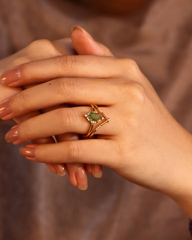 ELETTARIA Hexagon Moss Agate Halo Engagement Ring Sets