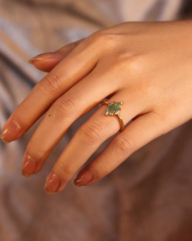 LILAC Hexagon Cut Moss Agate Vintage Halo Engagement Ring