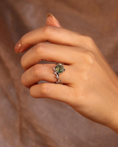 CELENDRA Natural Moss Agate Ring Round Shaped Leaf Engagement Ring