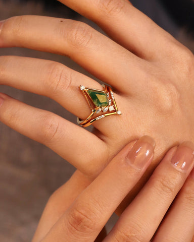 TREMYLA Stylish Art Deco Kite Moss Agate Unique Bridal ring Set