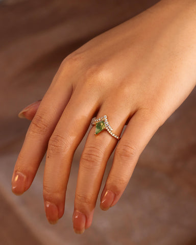 LINDELISE Kite Cut Moss Agate Engagement Ring with Curved Cluster Accents