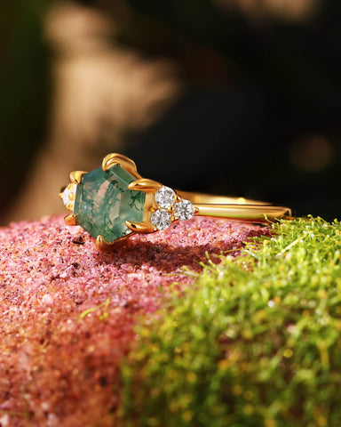 TIFREY Vintage Hexagon Moss Agate Three Stone Cluster Engagement Ring