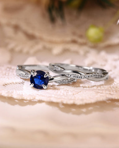 CIELO Classy Round Cut Sapphire Twisted Bridal Set 2pcs