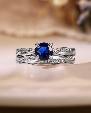 CIELO Classy Round Cut Sapphire Twisted Bridal Set 2pcs