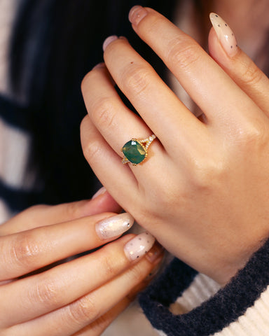 FERNANDA Cushion Cut Moss Agate Split Shank Engagement Ring