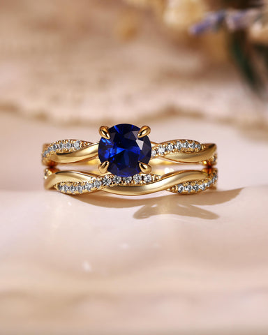 CIELO Classy Round Cut Sapphire Twisted Bridal Set 2pcs
