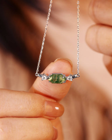 ROSEMARY Long Hexagon Moss Agate Geometric Necklace