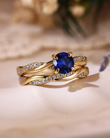 CIELO Classy Round Cut Sapphire Twisted Bridal Set 2pcs