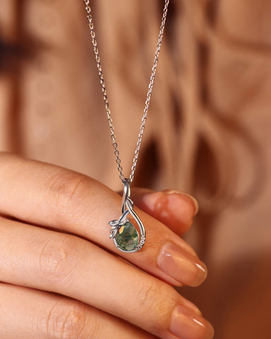 WREN Nature Inspired Pear Cut Moss Agate Leaf Infinity Necklace