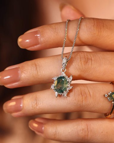 CAMELIA Oval Cut Moss Agate Moissanite Cluster Halo Pendant Necklace