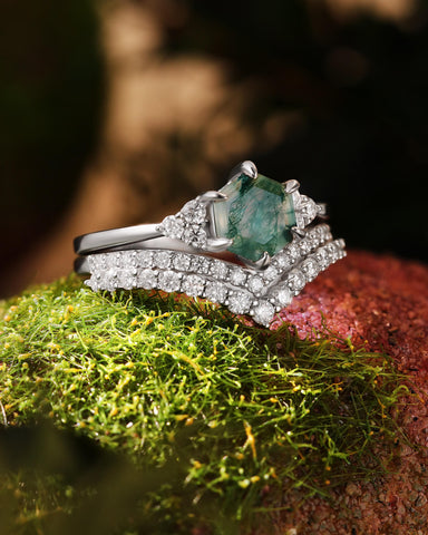 FINIS Vintage Hexagon Cut Moss Agate Engagement Ring Set