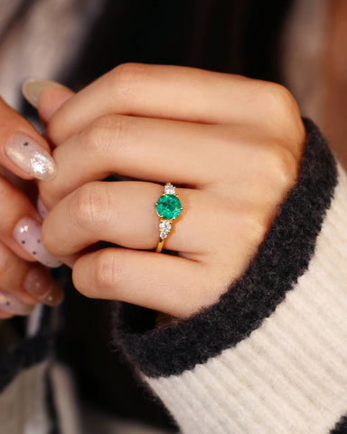 EMIRA Round Cut Lab Emerald Classic Five-stone Engagement Ring