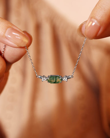 ROSEMARY Long Hexagon Moss Agate Geometric Necklace