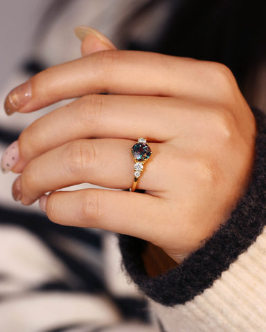 OLIVINE Round Cut Alexandrite Moissanite Two Side Stones Engagement Ring