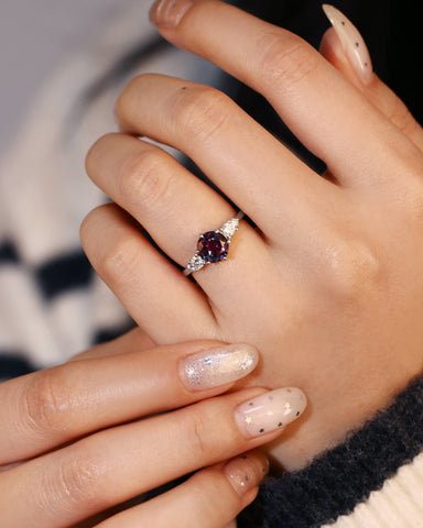 OLIVINE Round Cut Alexandrite Moissanite Two Side Stones Engagement Ring
