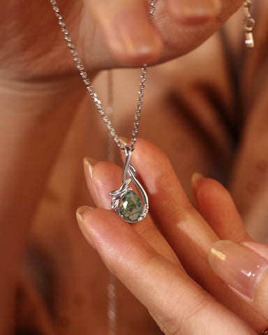 WREN Nature Inspired Pear Cut Moss Agate Leaf Infinity Necklace