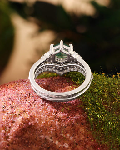 FINIS Vintage Hexagon Cut Moss Agate Engagement Ring Set