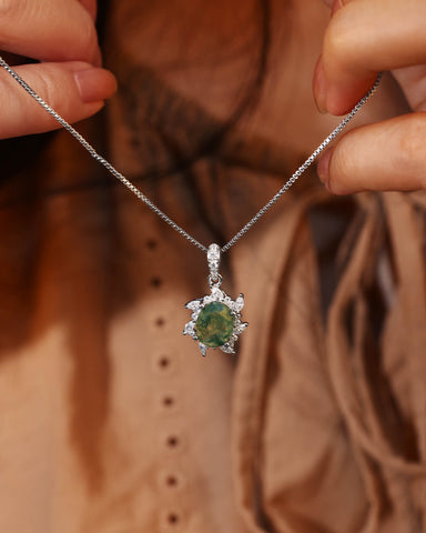 CAMELIA Oval Cut Moss Agate Moissanite Cluster Halo Pendant Necklace